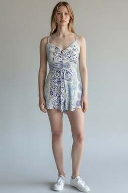 BNDI Blue & White Floral Patchwork Boho Romper Size S Cottagecore Soft Girl Fem